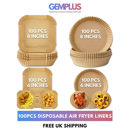 GEM+ | 100pcs Disposable Air Fryer Liners – Round & Square - 6" and 8" Sizes