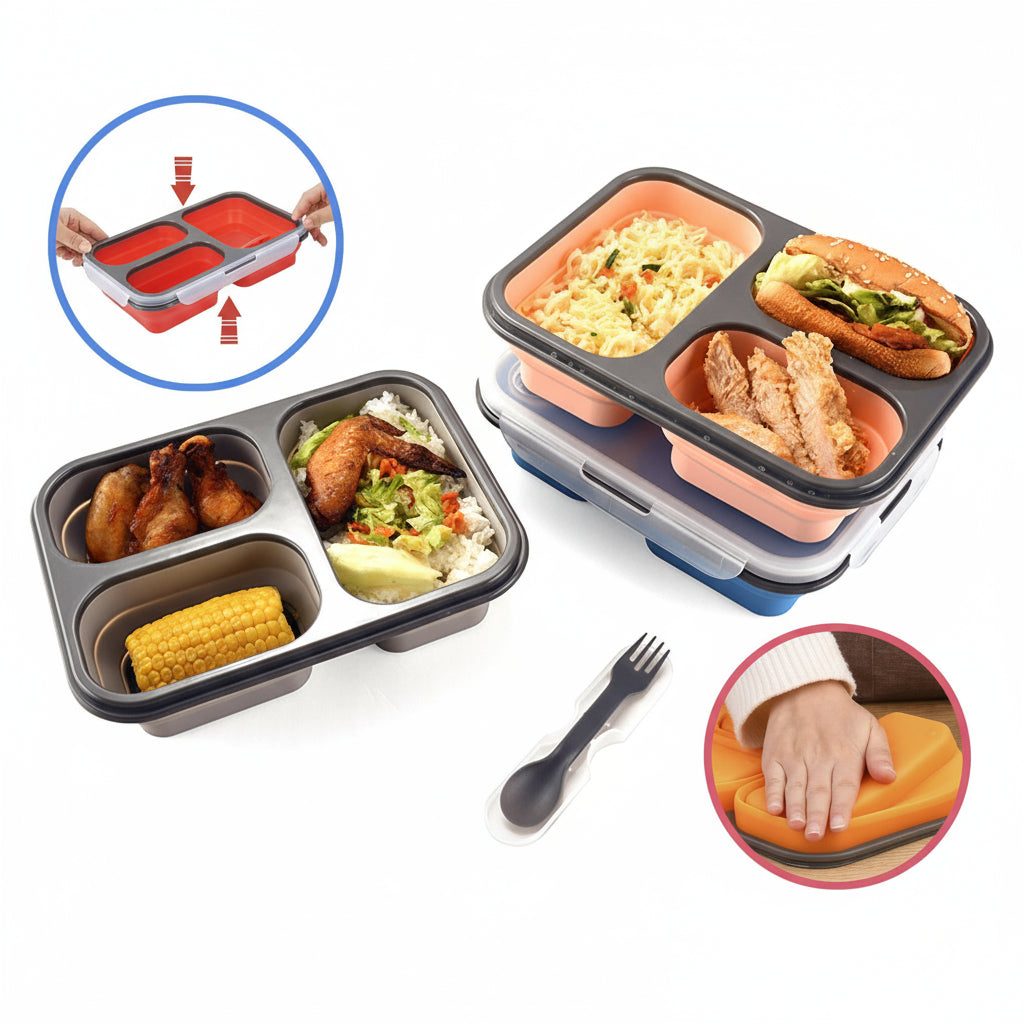 GEM+ | Collapsible Lunchbox with 3 Compartments and Fork & Spoon – Space-Saving