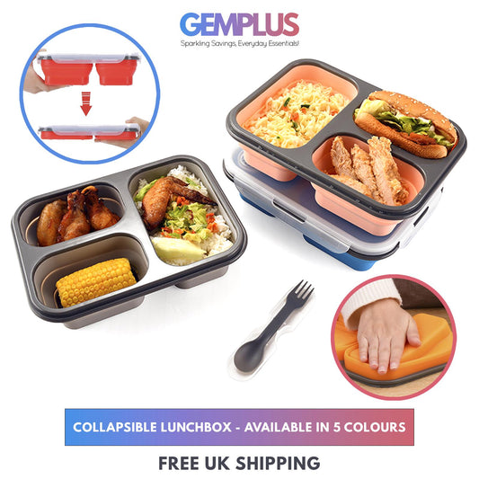GEM+ | Collapsible Lunchbox with 3 Compartments and Fork & Spoon – Space-Saving