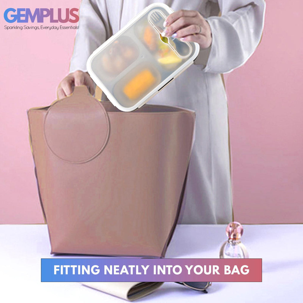 GEM+ | Collapsible Lunchbox with 3 Compartments and Fork & Spoon – Space-Saving