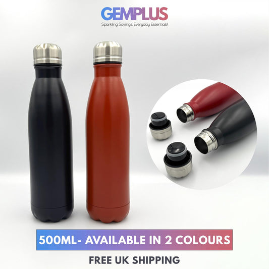 GEM+ | 500ML Stainless Steel Flask – Sleek Design in Black or Red Travel Or Gym