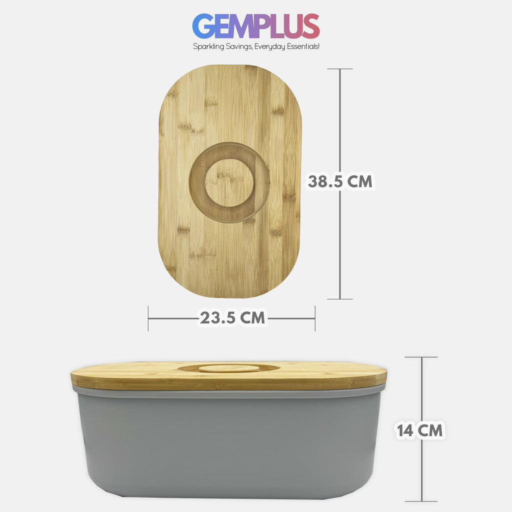GEM+ | Bread Storage Bin Box with Eco Bamboo Cutting Board Lid Large Space GREY