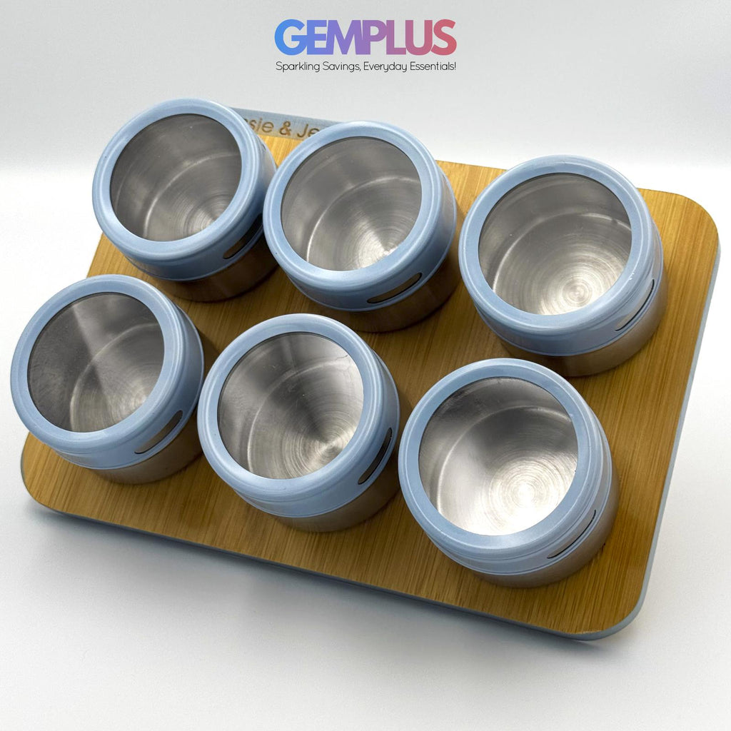 GEM+ | Premium Magnetic Bamboo Spice Tin Organizer with 6 Jars Elegant & Modern