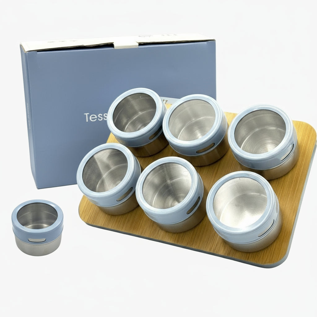 GEM+ | Premium Magnetic Bamboo Spice Tin Organizer with 6 Jars Elegant & Modern