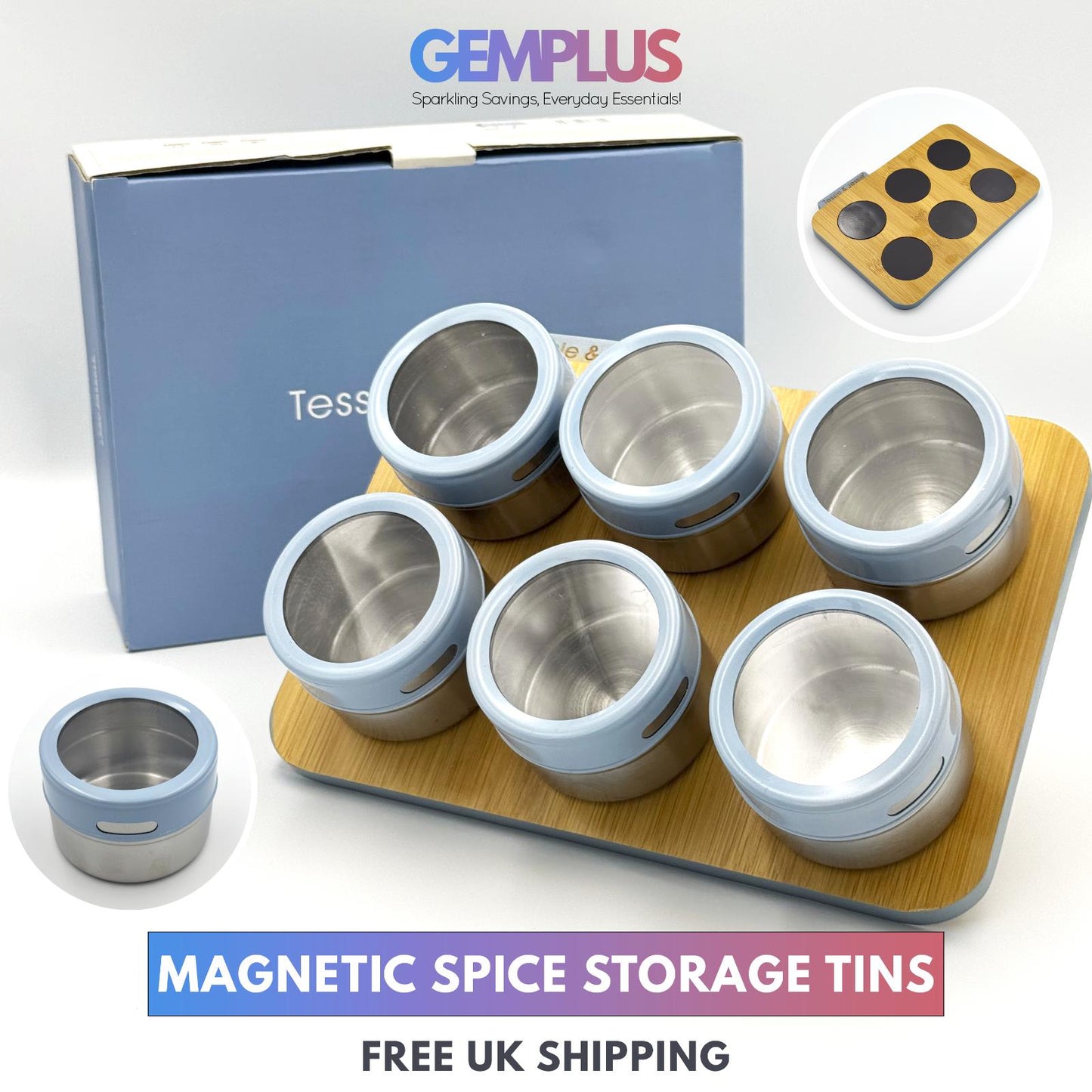 GEM+ | Premium Magnetic Bamboo Spice Tin Organizer with 6 Jars Elegant & Modern