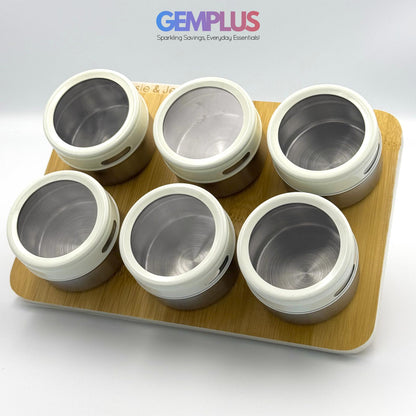 GEM+ | Premium Magnetic Bamboo Spice Tin Organizer with 6 Jars Elegant & Modern