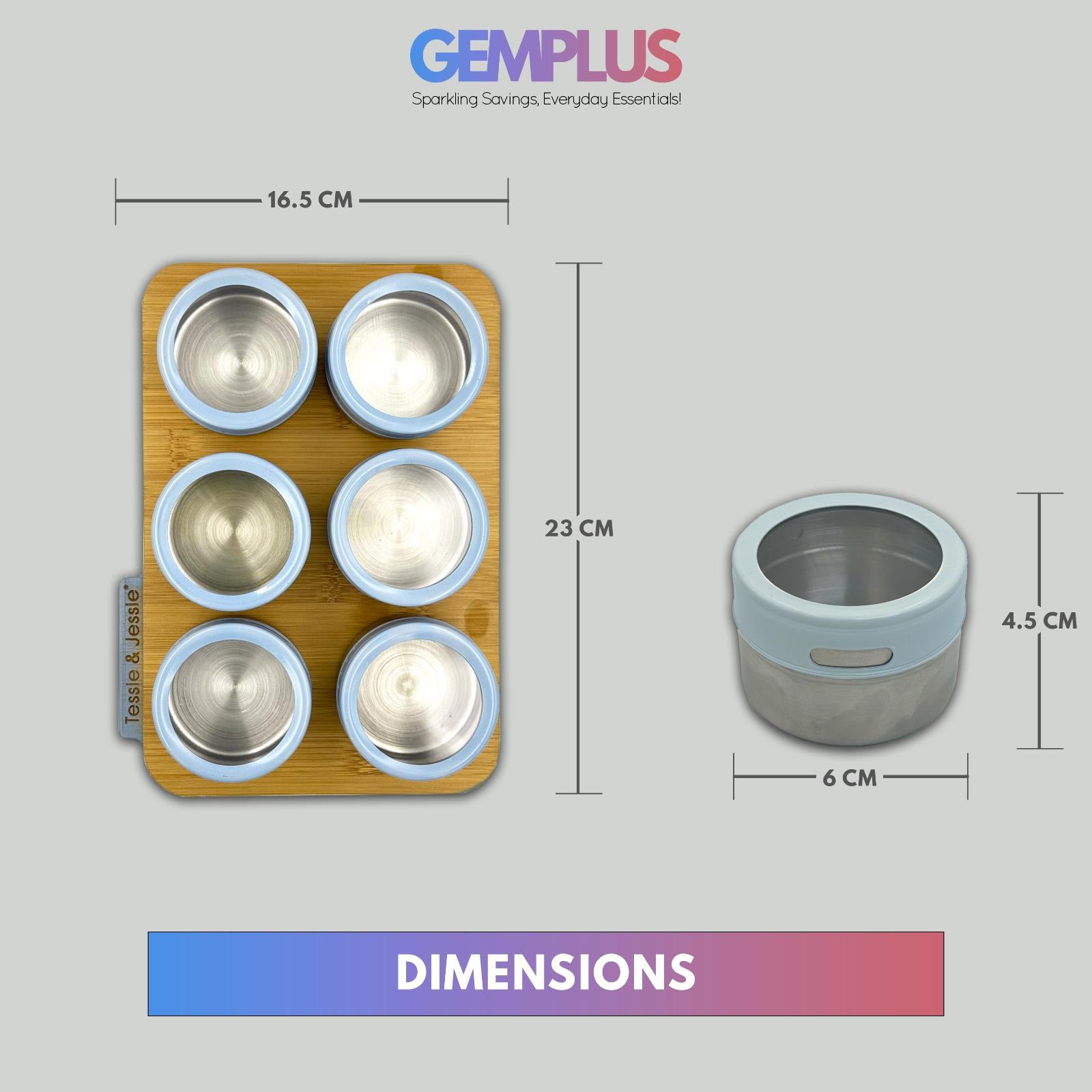GEM+ | Premium Magnetic Bamboo Spice Tin Organizer with 6 Jars Elegant & Modern