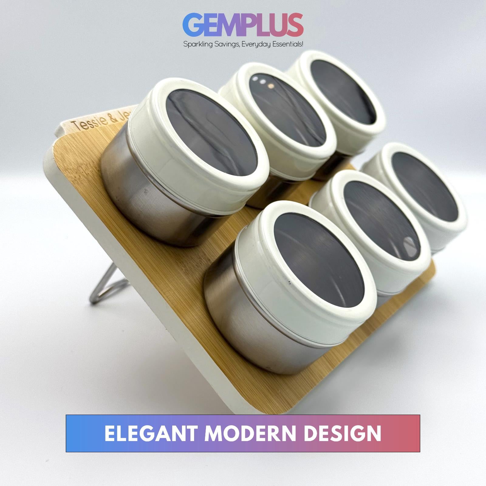 GEM+ | Premium Magnetic Bamboo Spice Tin Organizer with 6 Jars Elegant & Modern