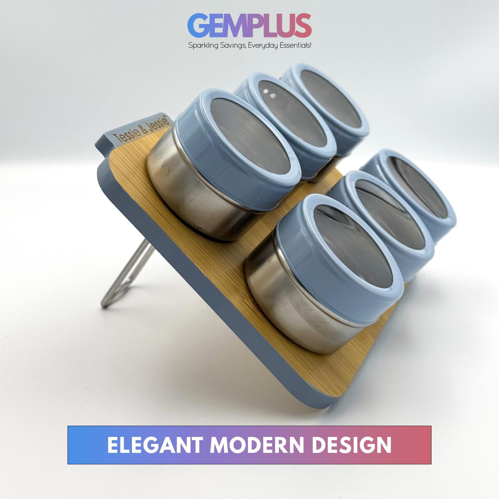 GEM+ | Premium Magnetic Bamboo Spice Tin Organizer with 6 Jars Elegant & Modern