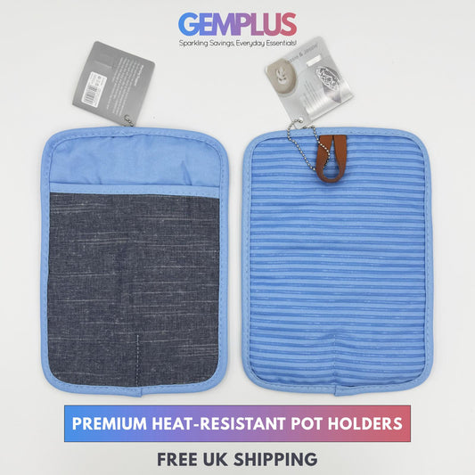 GEM+ | 2Pcs Premium Quilted Heat-Resistant Pot Holders Silicone Grip – Grey/Blue