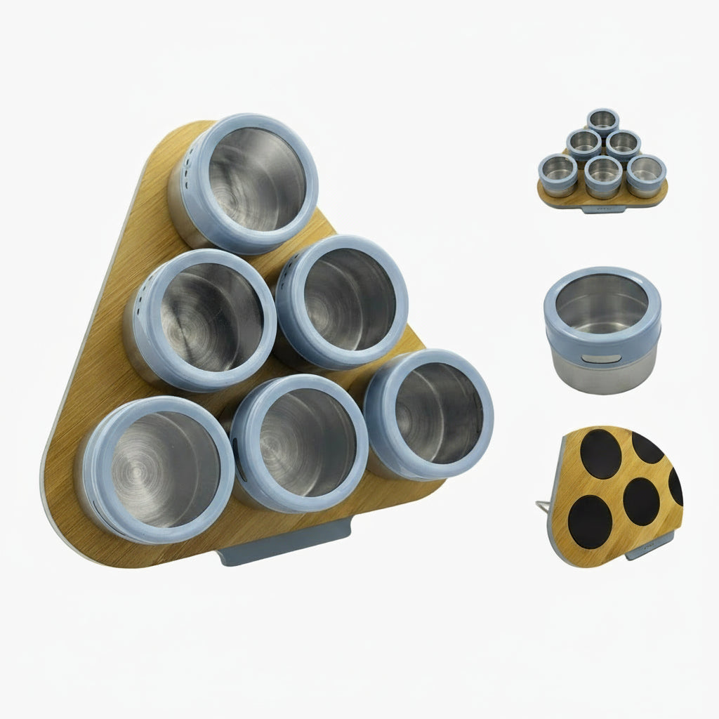 GEM+ | Premium Magnetic Bamboo Spice Tin Organizer with 6 Jars Elegant & Modern