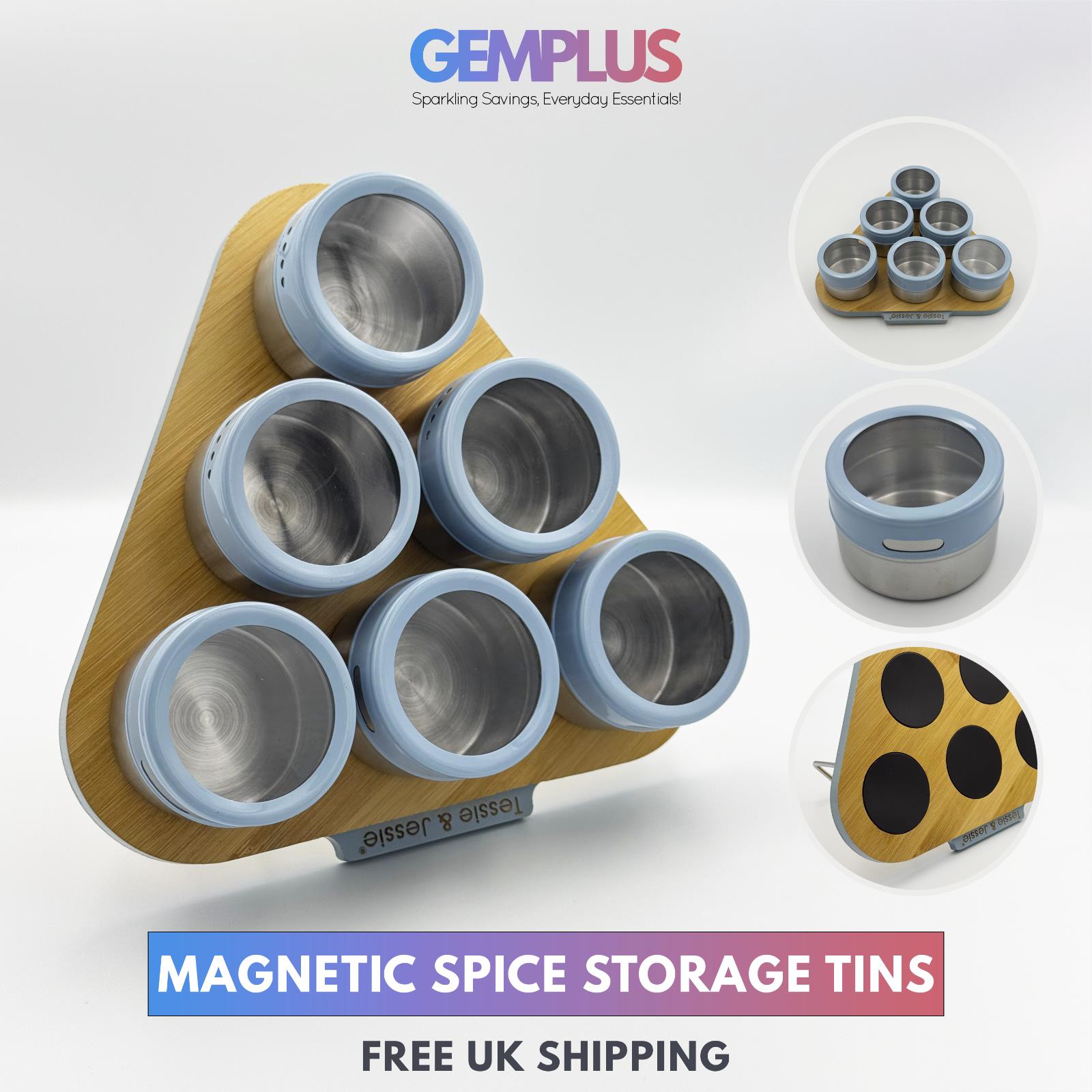GEM+ | Premium Magnetic Bamboo Spice Tin Organizer with 6 Jars Elegant & Modern