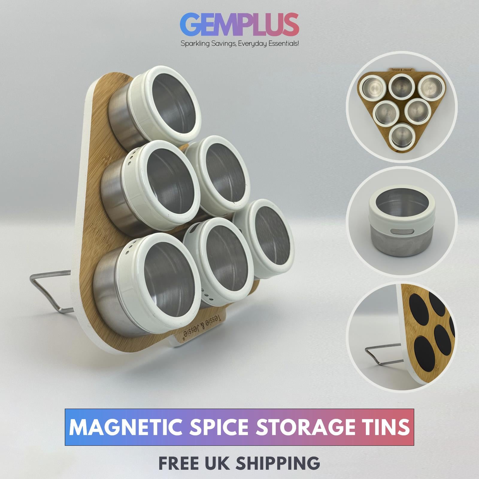 GEM+ | Premium Magnetic Bamboo Spice Tin Organizer with 6 Jars Elegant & Modern