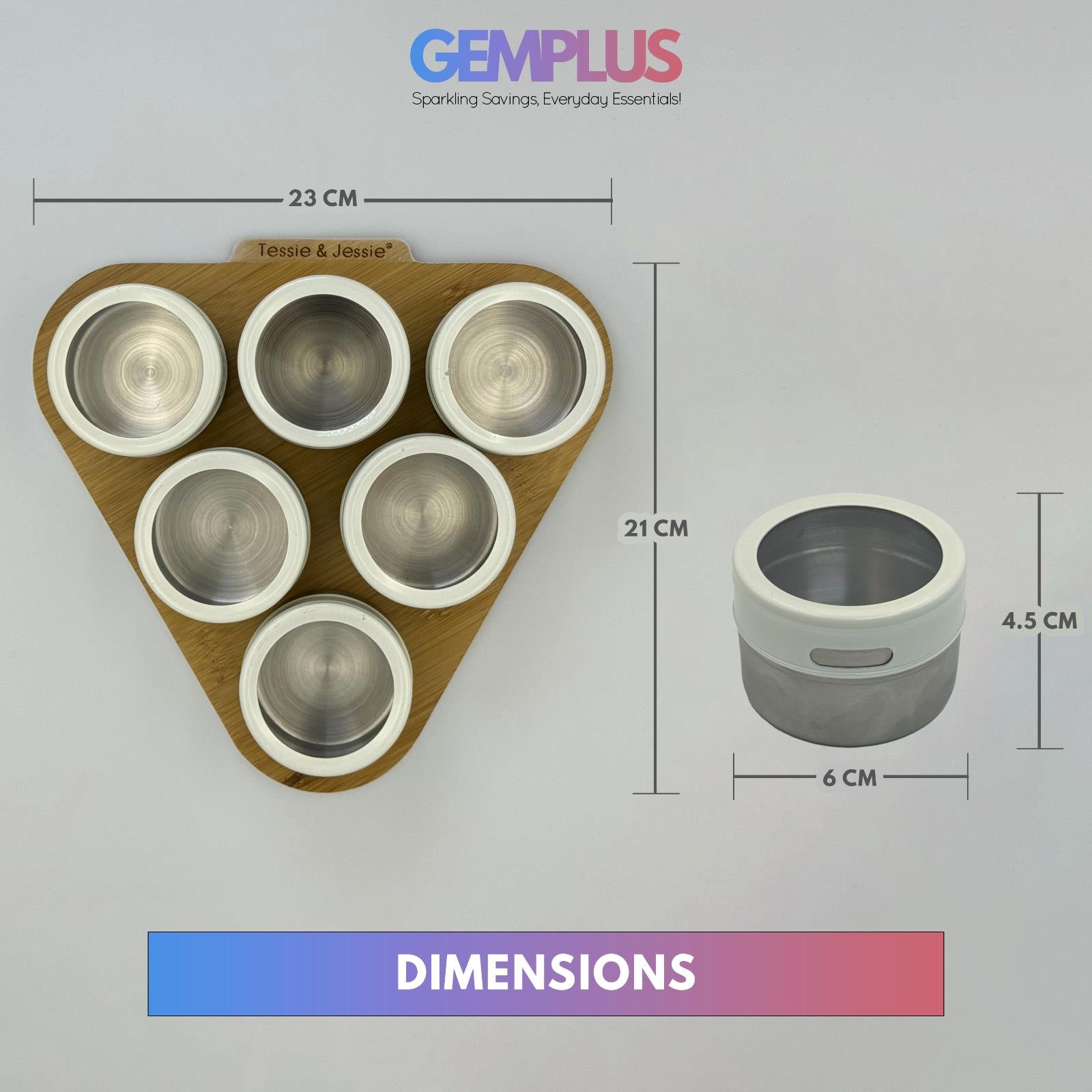 GEM+ | Premium Magnetic Bamboo Spice Tin Organizer with 6 Jars Elegant & Modern