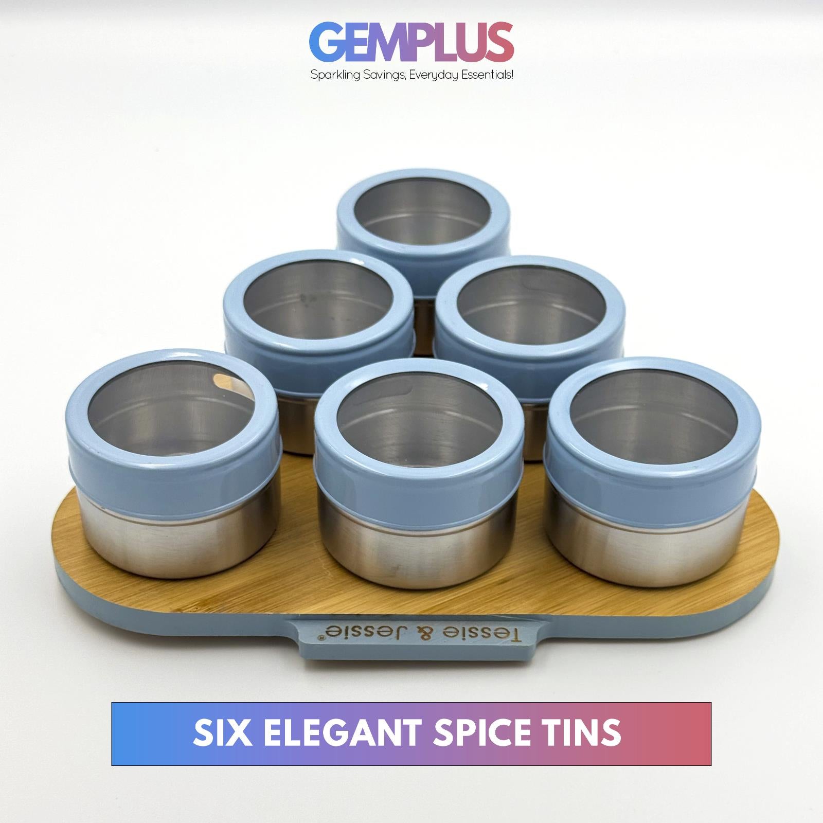 GEM+ | Premium Magnetic Bamboo Spice Tin Organizer with 6 Jars Elegant & Modern