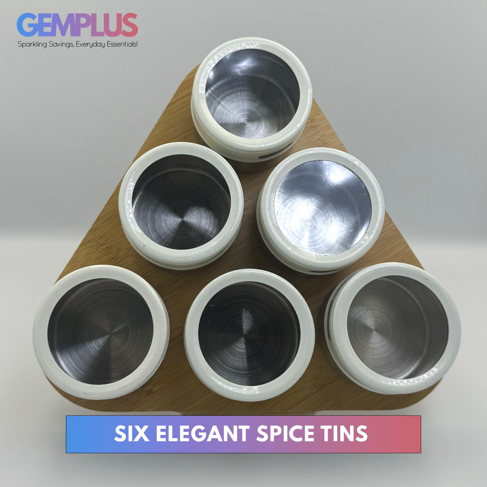 GEM+ | Premium Magnetic Bamboo Spice Tin Organizer with 6 Jars Elegant & Modern