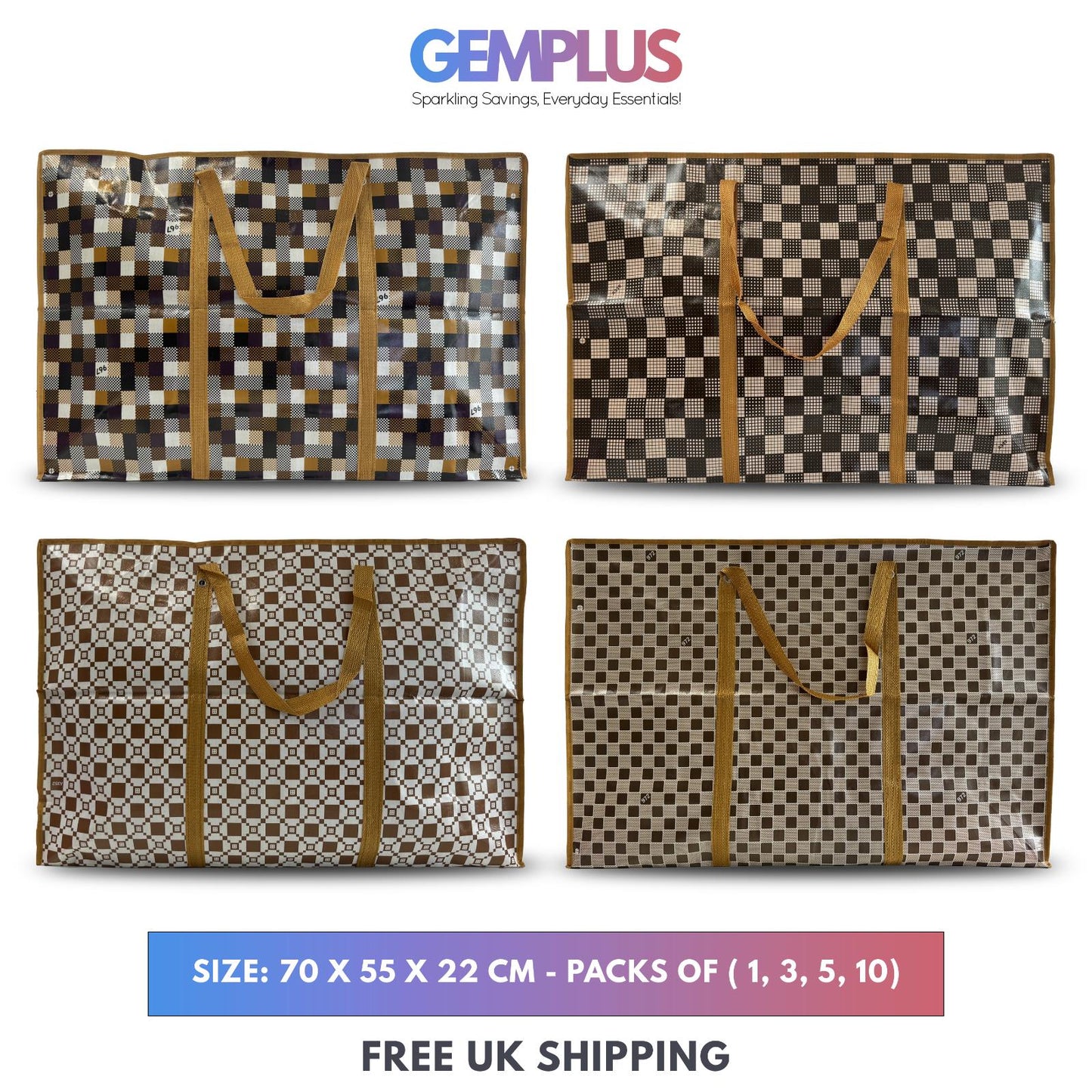 GEM+ | Large Strong Jumbo Reusable Laundry Shopping Bag Zip Storage 70 x 55 x 22
