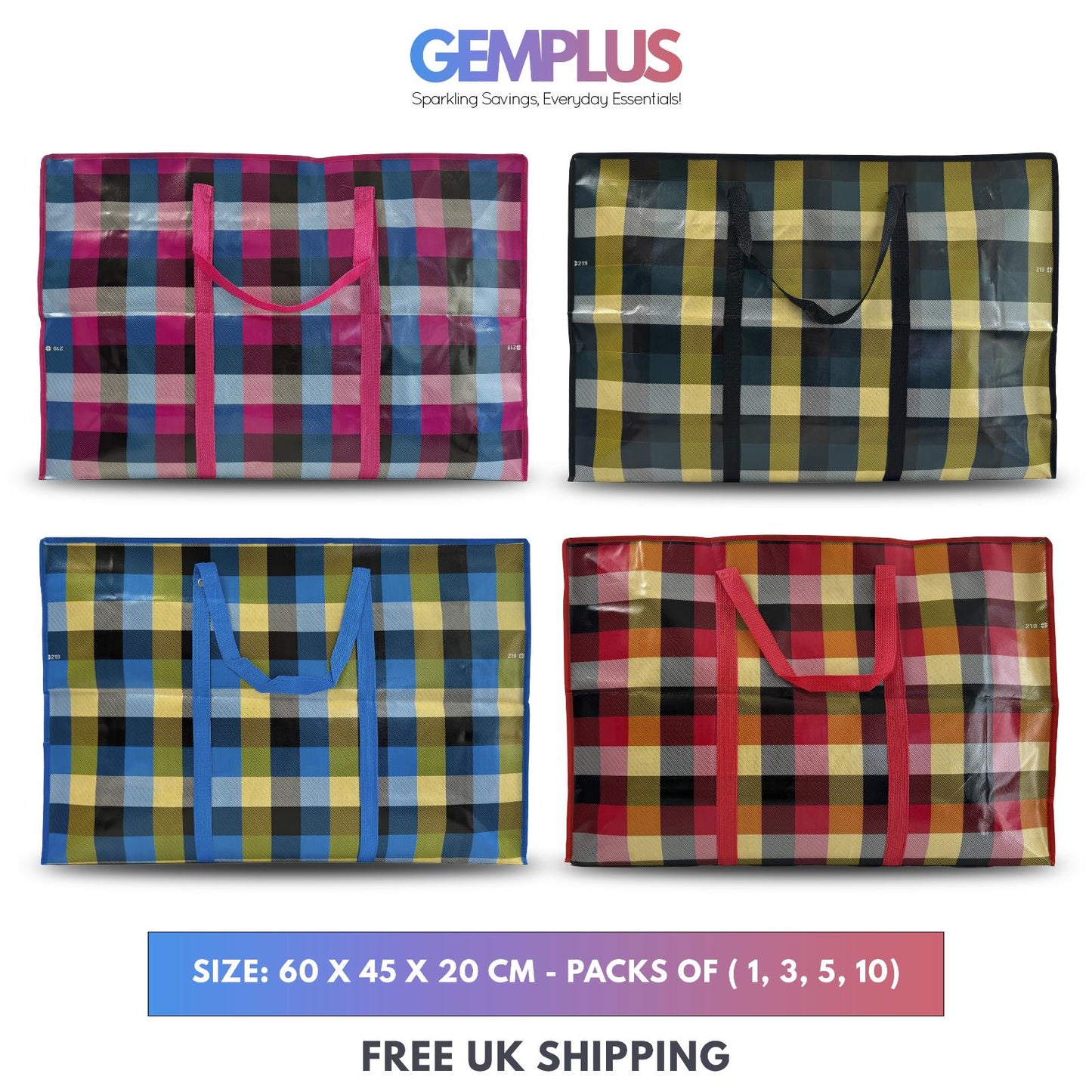 GEM+ | Premium Medium Reusable Laundry Shopping Bag Zip Storage 60 x 45 x 20 cm