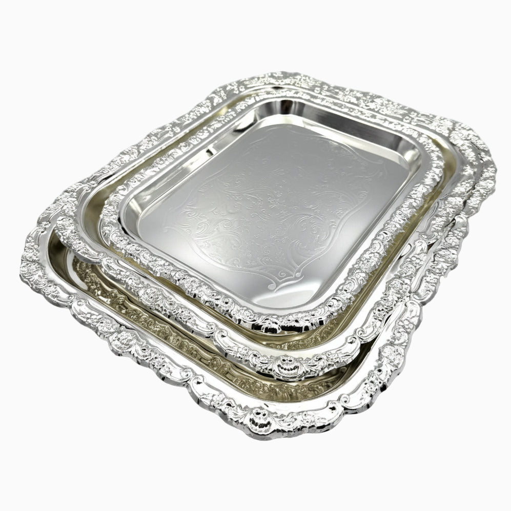 GEM+ | Premium 3-Piece Silver-Plated Vintage Tray Set – Elegant Durable Sturdy