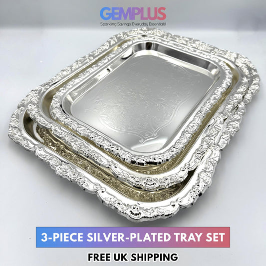 GEM+ | Premium 3-Piece Silver-Plated Vintage Tray Set – Elegant Durable Sturdy