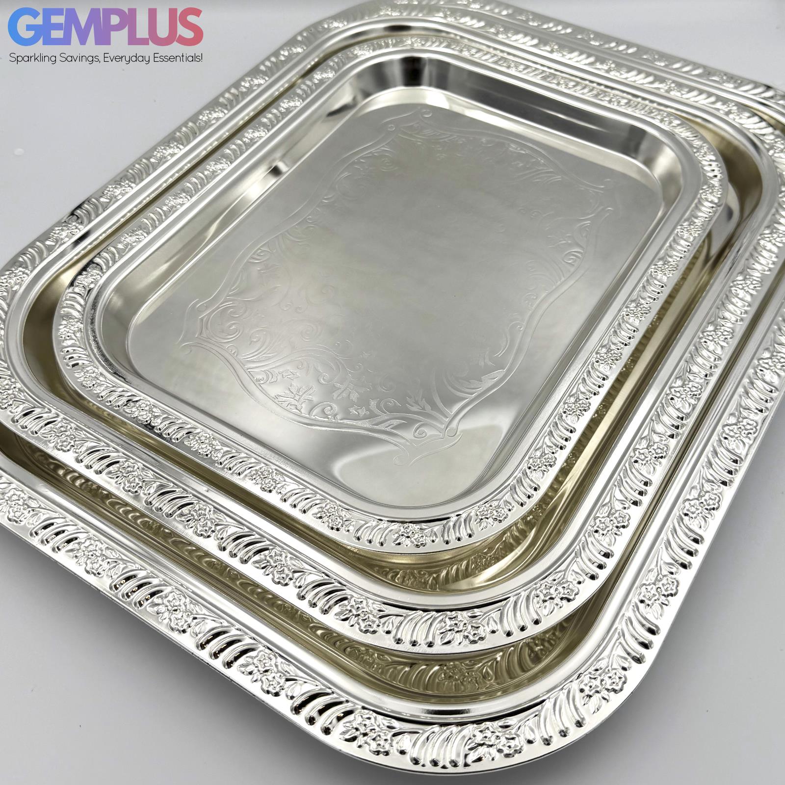 GEM+ | Premium 3-Piece Silver-Plated Vintage Tray Set – Elegant Durable Thick