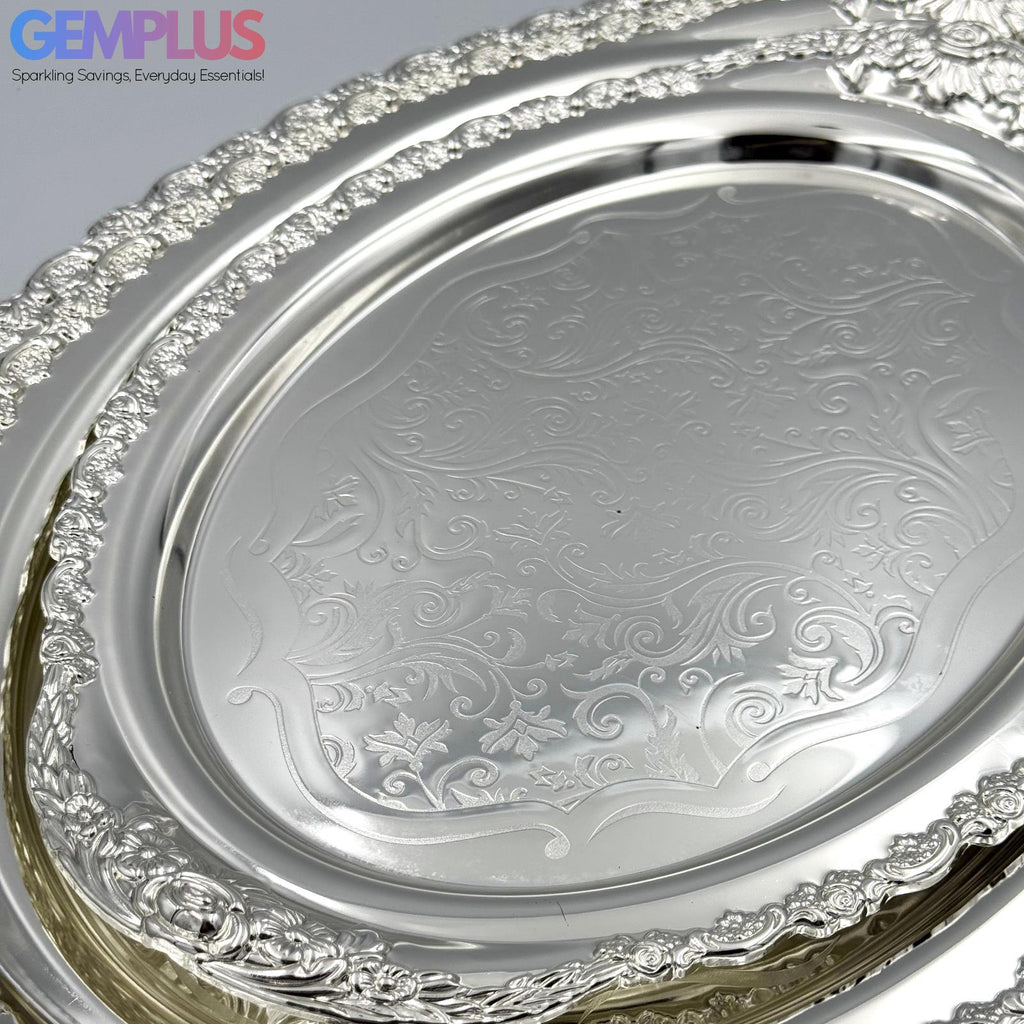 GEM+ | Premium 3-Piece Silver-Plated Vintage Tray Set – Elegant Durable Thick