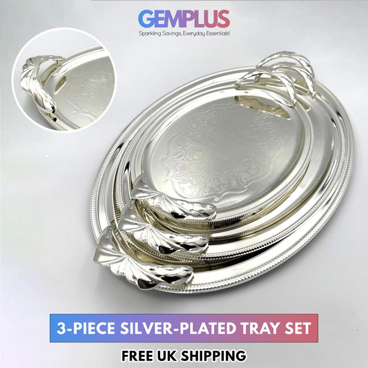 GEM+ | Premium 3-Piece Silver-Plated Vintage Tray Set – Elegant Durable Solid