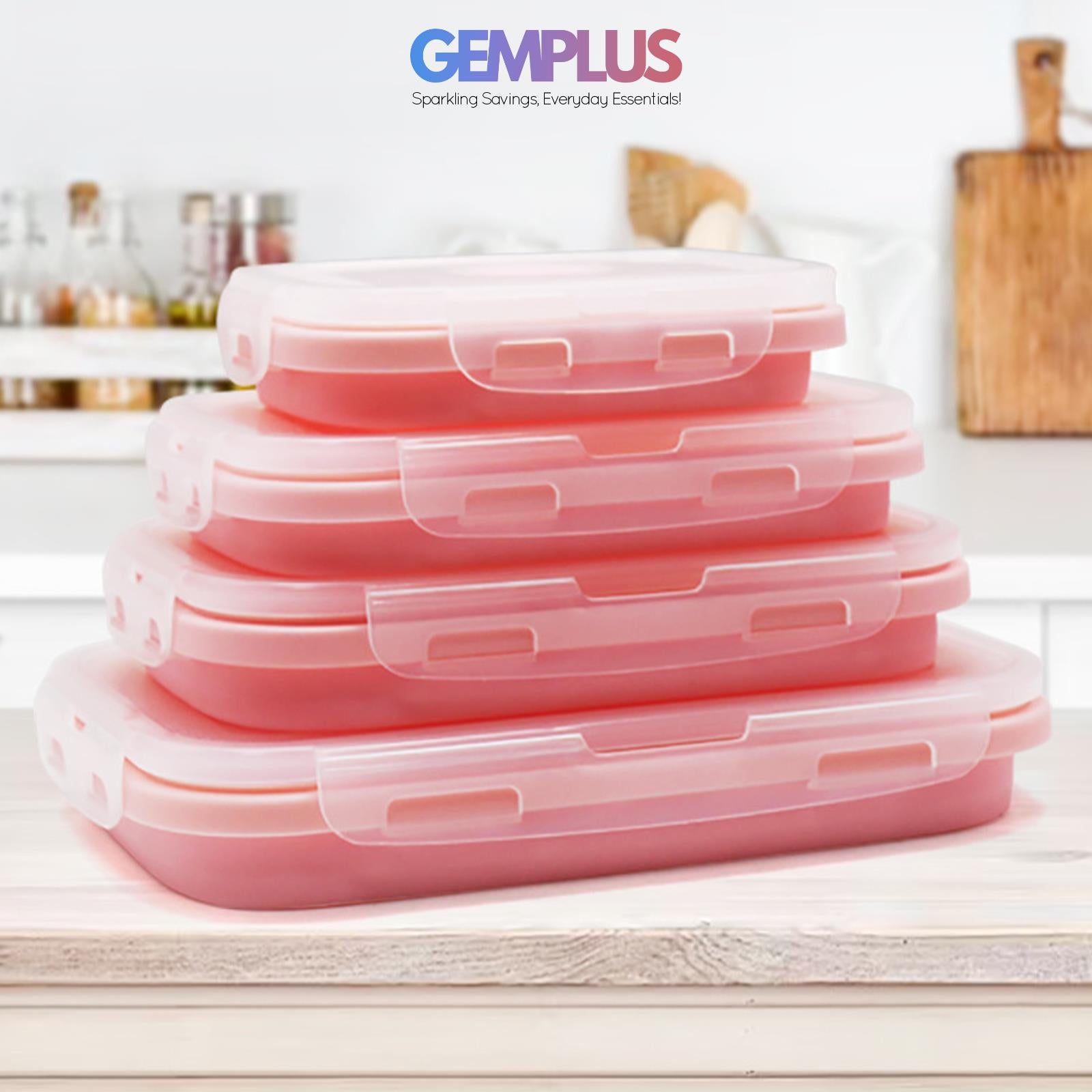 GEM+ | 4-Piece Collapsible Food Container Set – Space-Saving Leakproof BPA FREE - PINK