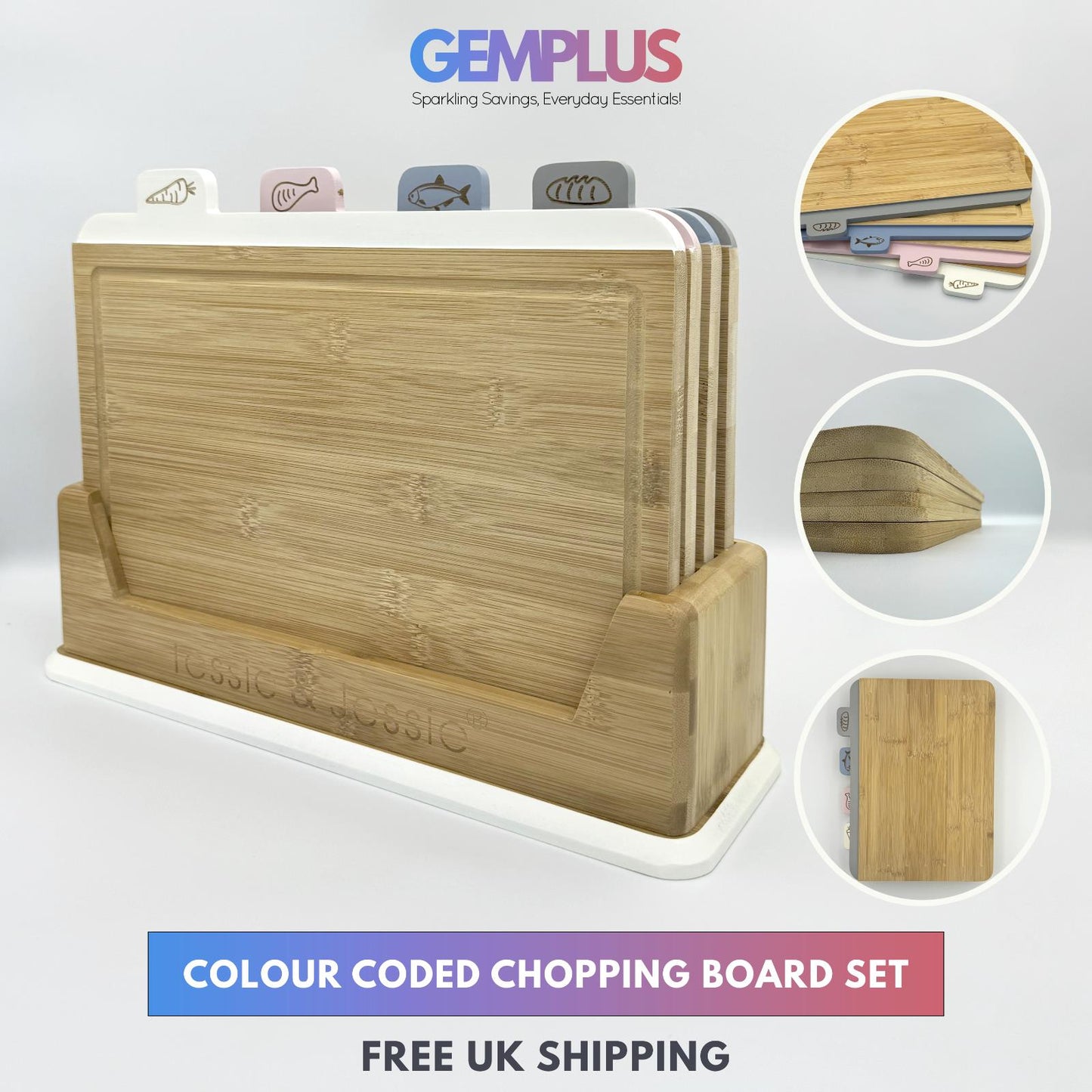 GEM+ | Premium Natural Bamboo Color Coded Chopping Board Set Veggies Meat 3/4pcs