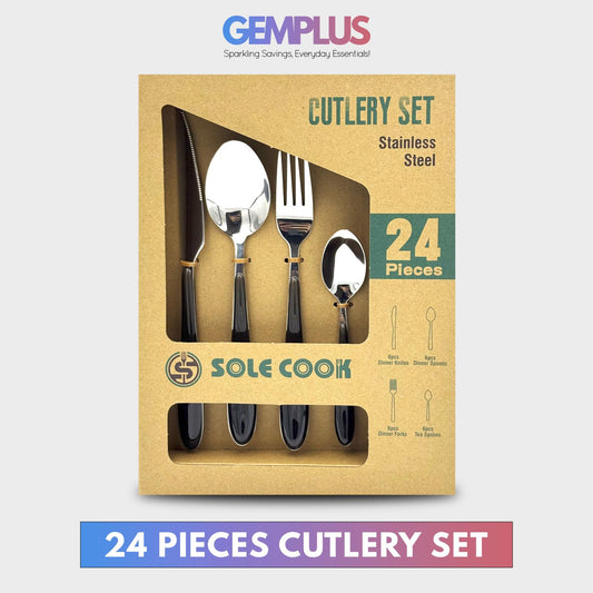 GEM+ | 24-Piece Stainless Steel Cutlery Set With Black Handle Rust-Resistant