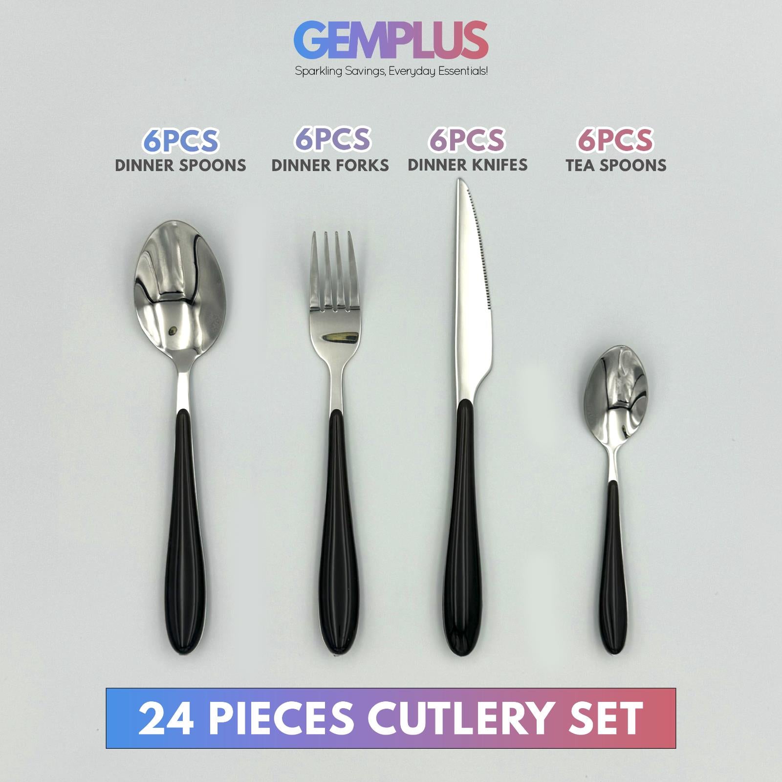 GEM+ | 24-Piece Stainless Steel Cutlery Set With Black Handle Rust-Resistant