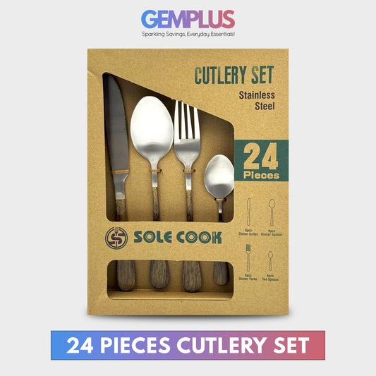 GEM+ | 24-Piece Stainless Steel Cutlery Set Dark Walnut Print Rust-Resistant