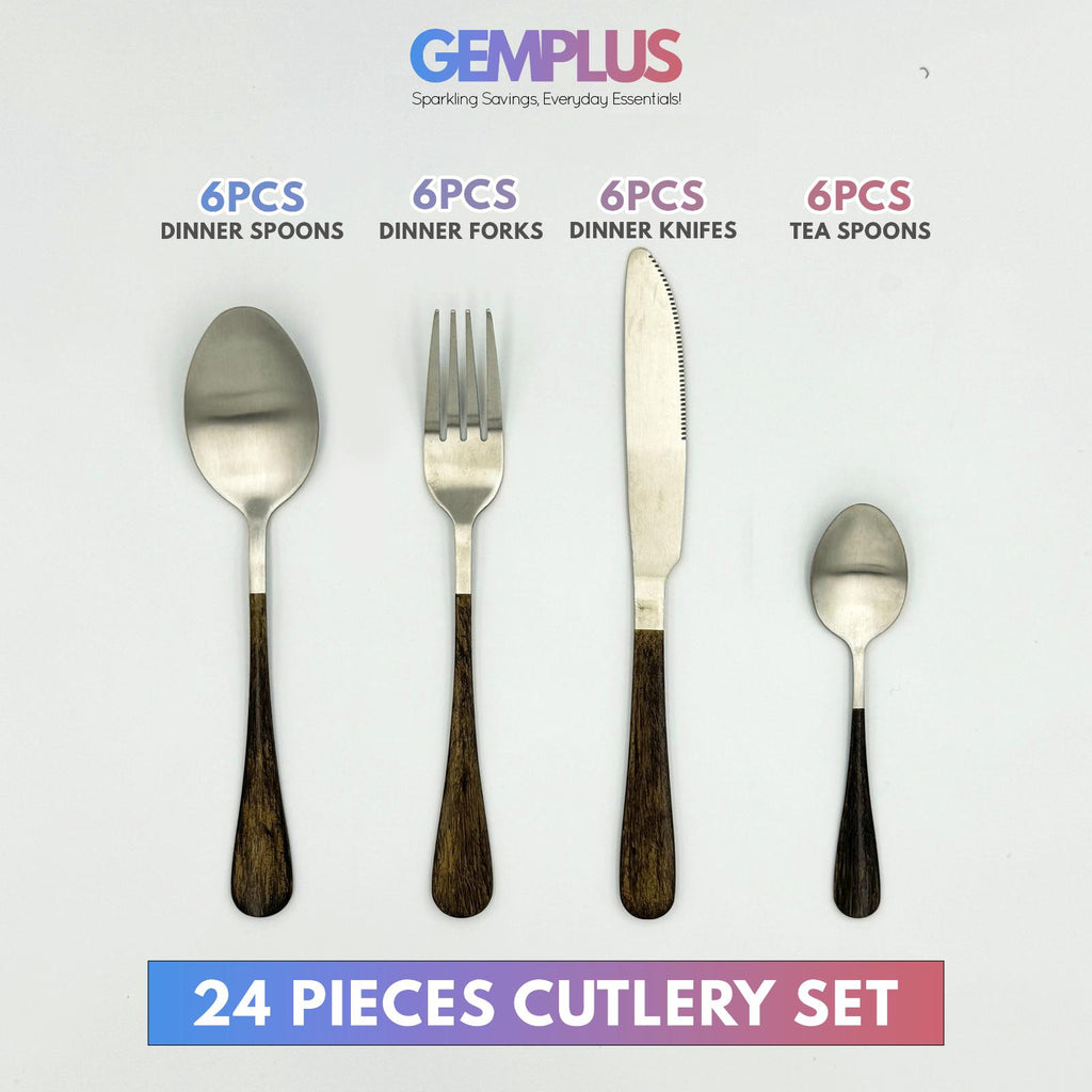 GEM+ | 24-Piece Stainless Steel Cutlery Set Dark Walnut Print Rust-Resistant