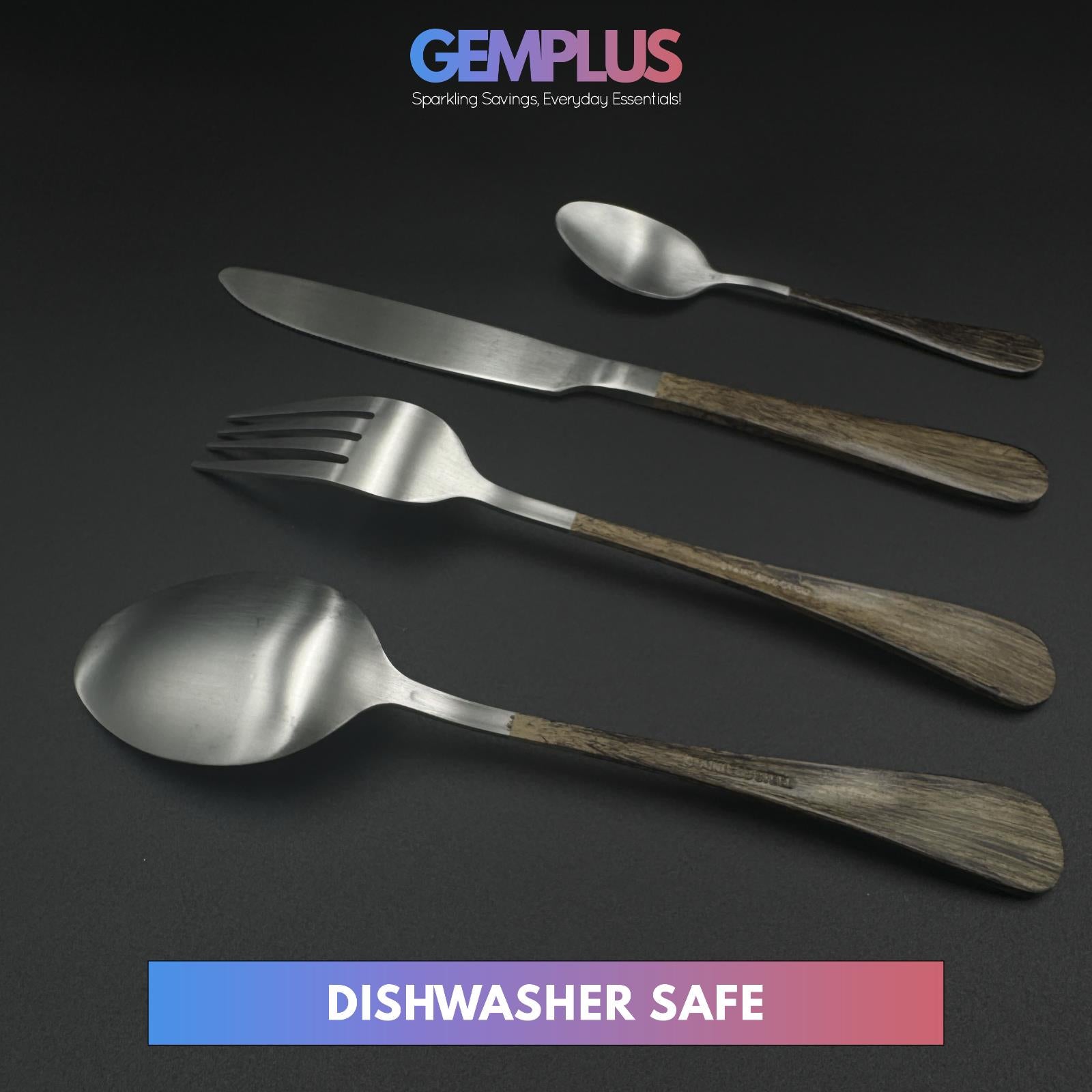 GEM+ | 24-Piece Stainless Steel Cutlery Set Dark Walnut Print Rust-Resistant