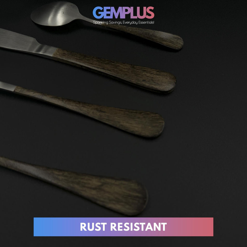 GEM+ | 24-Piece Stainless Steel Cutlery Set Dark Walnut Print Rust-Resistant