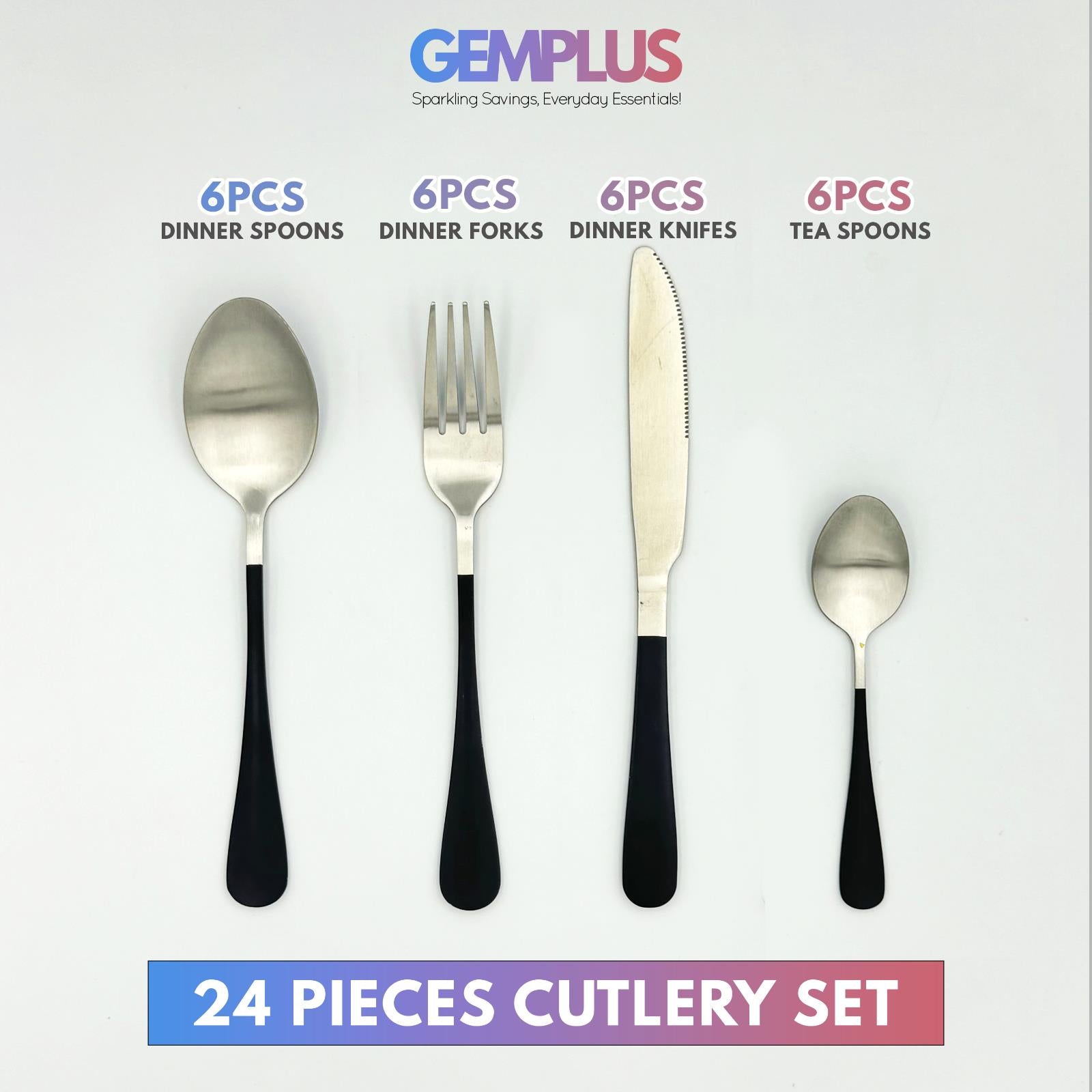 GEM+ | 24-Piece Stainless Steel Cutlery Set With Black Handle Rust-Resistant