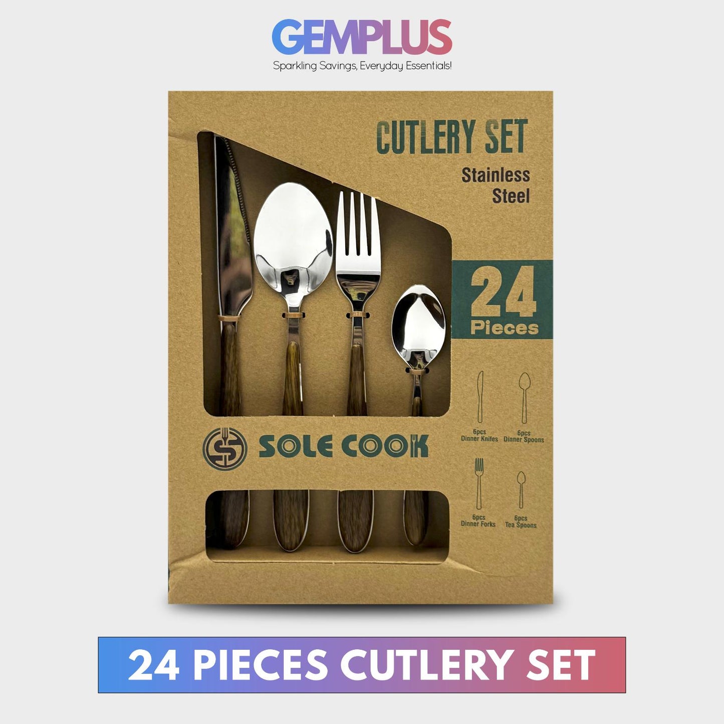 GEM+ | 24-Piece Stainless Steel Cutlery Set with Wood Texture Plastic Handle