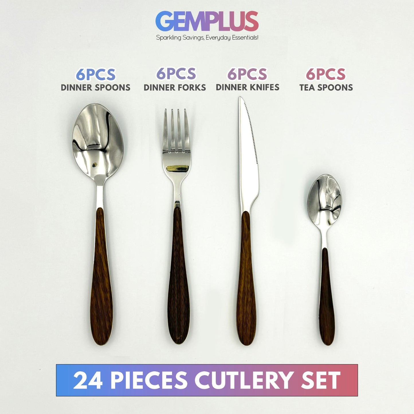 GEM+ | 24-Piece Stainless Steel Cutlery Set with Wood Texture Plastic Handle