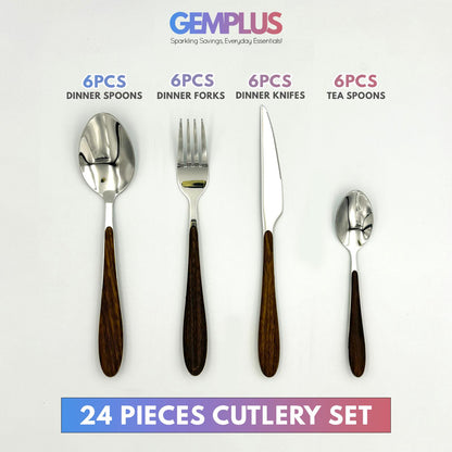 GEM+ | 24-Piece Stainless Steel Cutlery Set with Wood Texture Plastic Handle