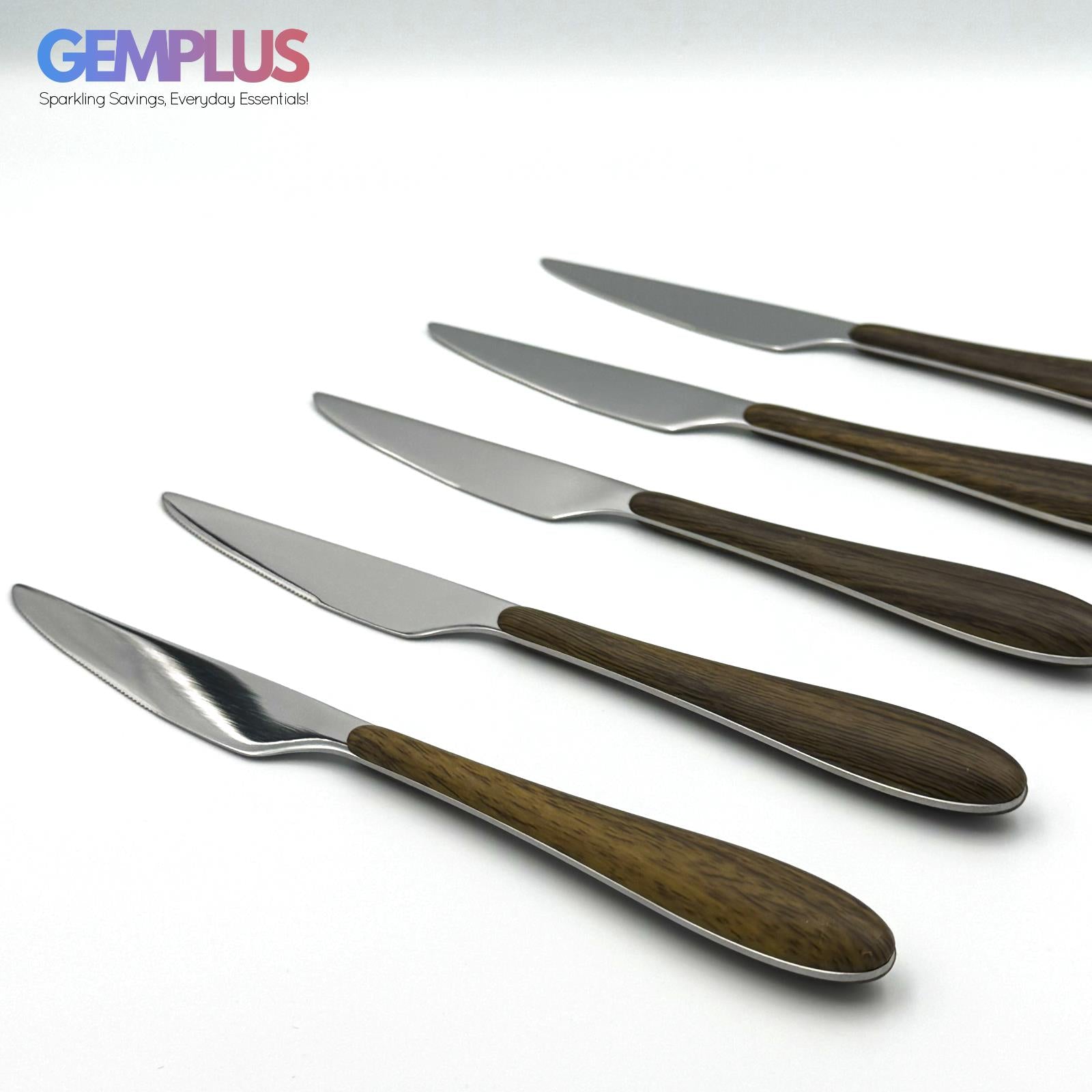 GEM+ | 24-Piece Stainless Steel Cutlery Set with Wood Texture Plastic Handle