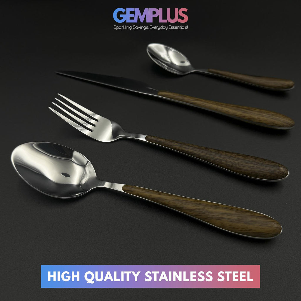 GEM+ | 24-Piece Stainless Steel Cutlery Set with Wood Texture Plastic Handle