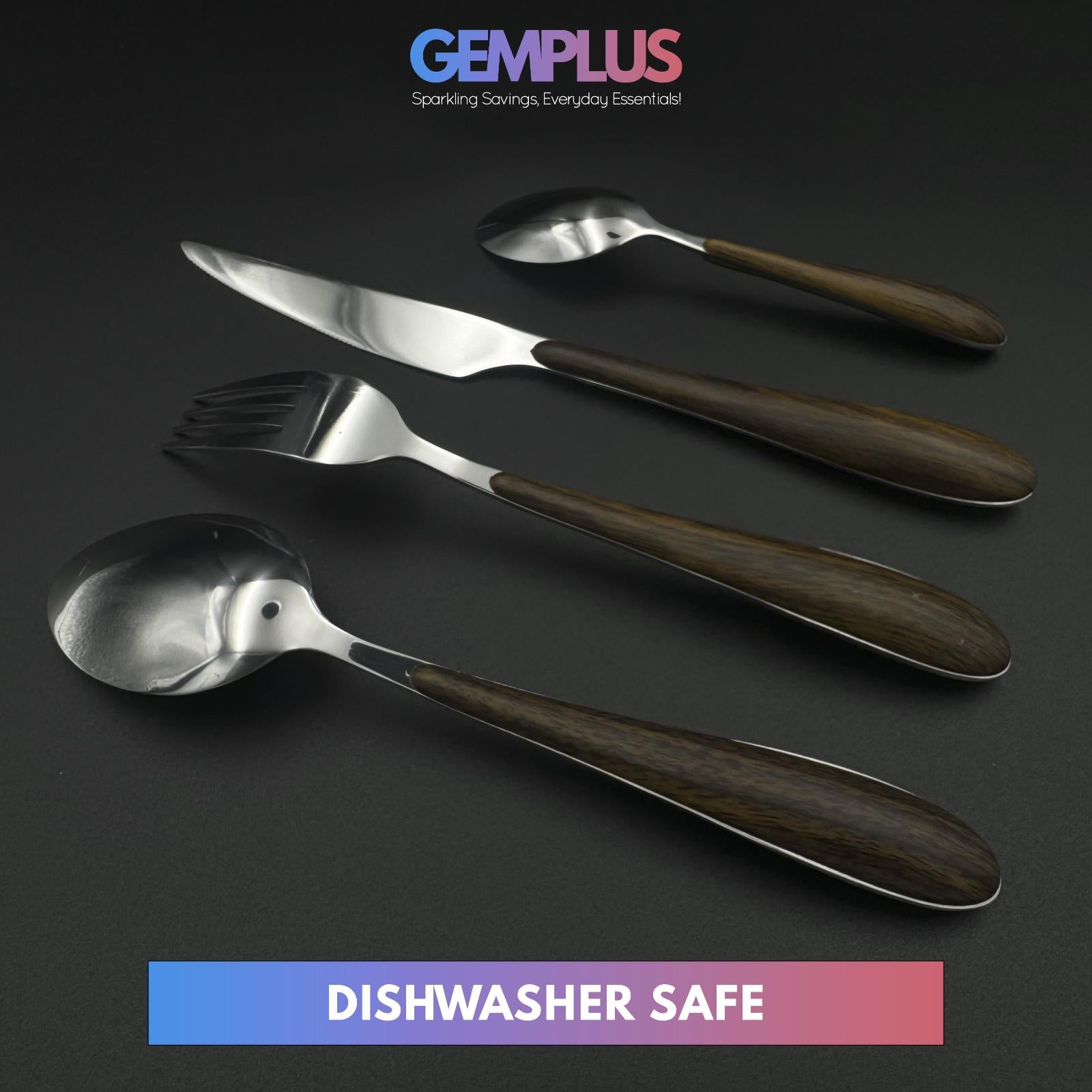 GEM+ | 24-Piece Stainless Steel Cutlery Set with Wood Texture Plastic Handle