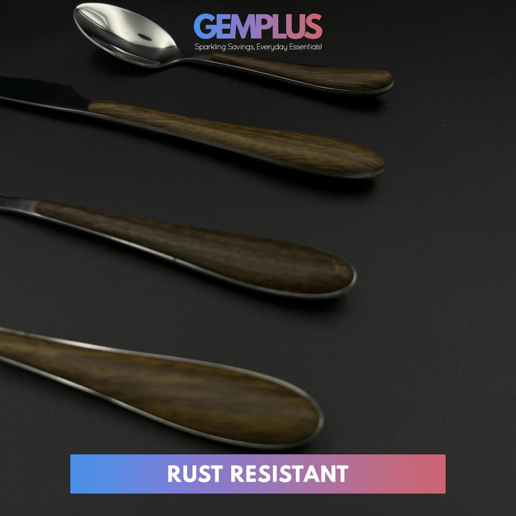 GEM+ | 24-Piece Stainless Steel Cutlery Set with Wood Texture Plastic Handle