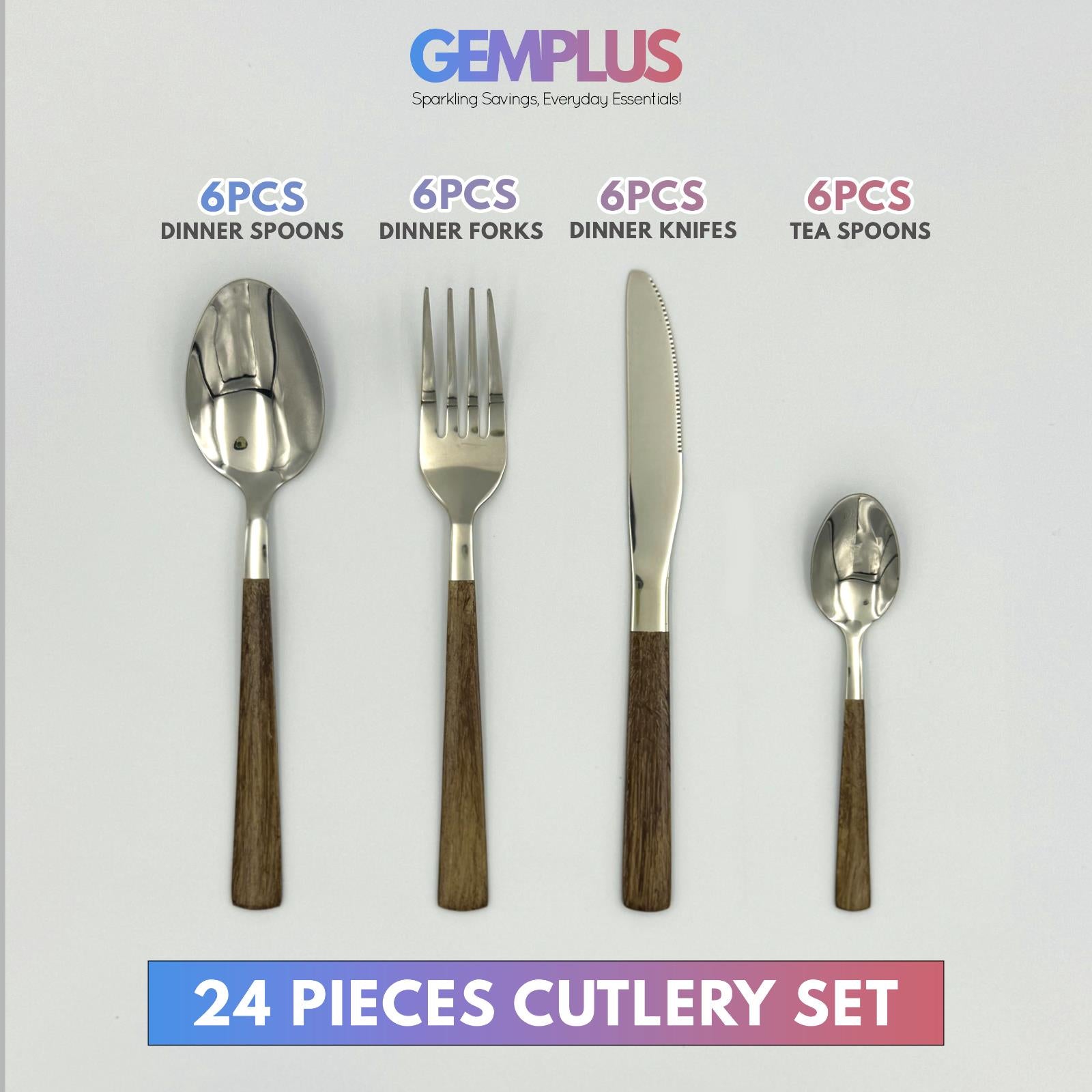 GEM+ | 24-Piece Stainless Steel Cutlery Set with Wood Texture Handle