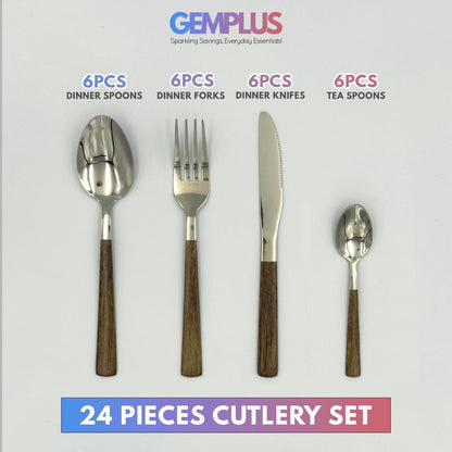 GEM+ | 24-Piece Stainless Steel Cutlery Set with Wood Texture Handle