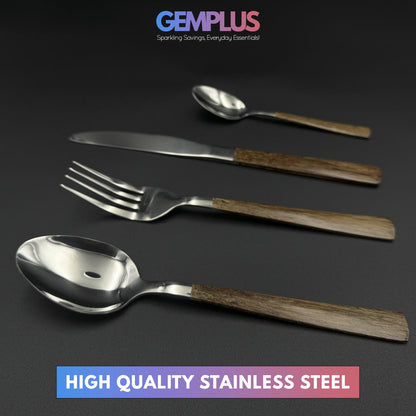 GEM+ | 24-Piece Stainless Steel Cutlery Set with Wood Texture Handle