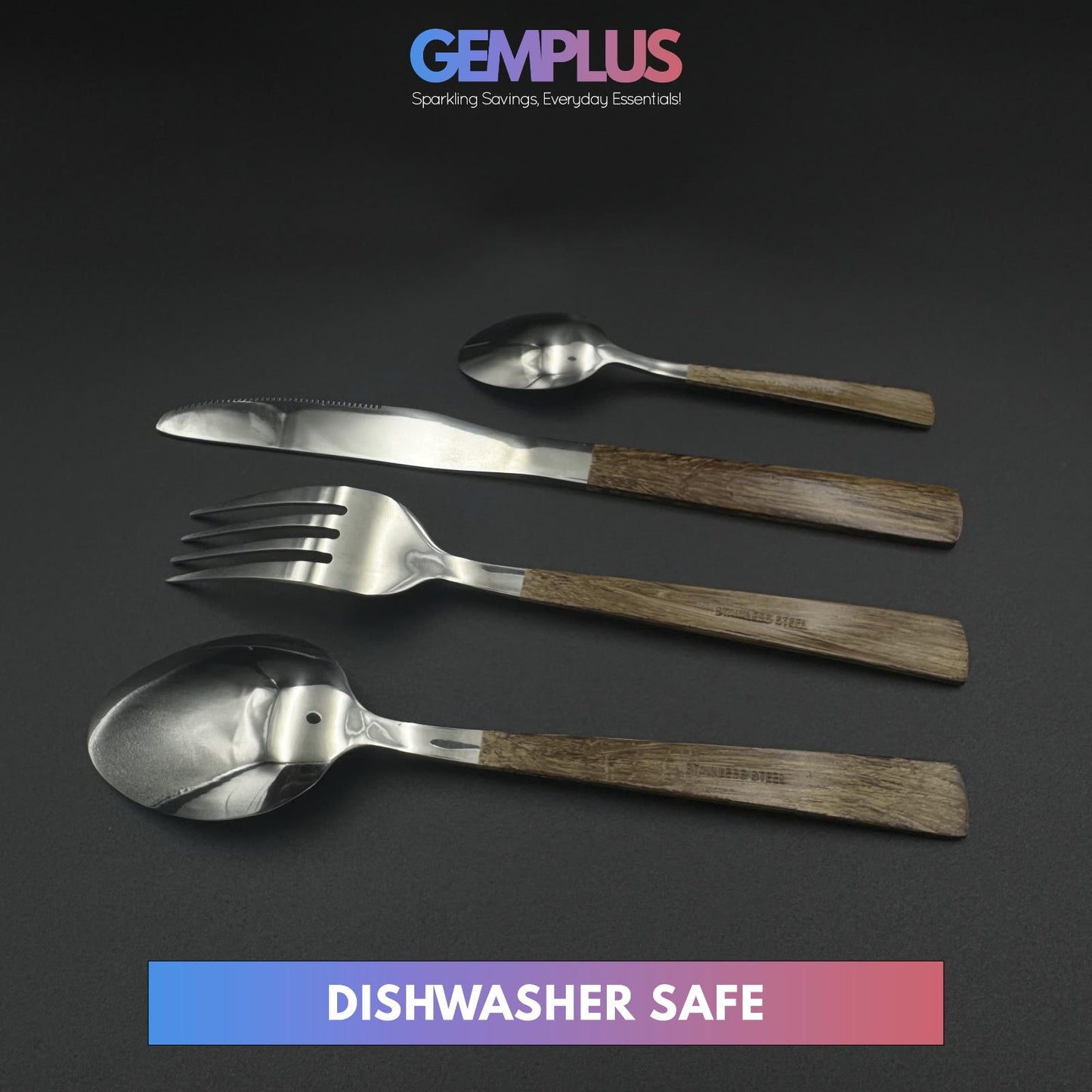 GEM+ | 24-Piece Stainless Steel Cutlery Set with Wood Texture Handle