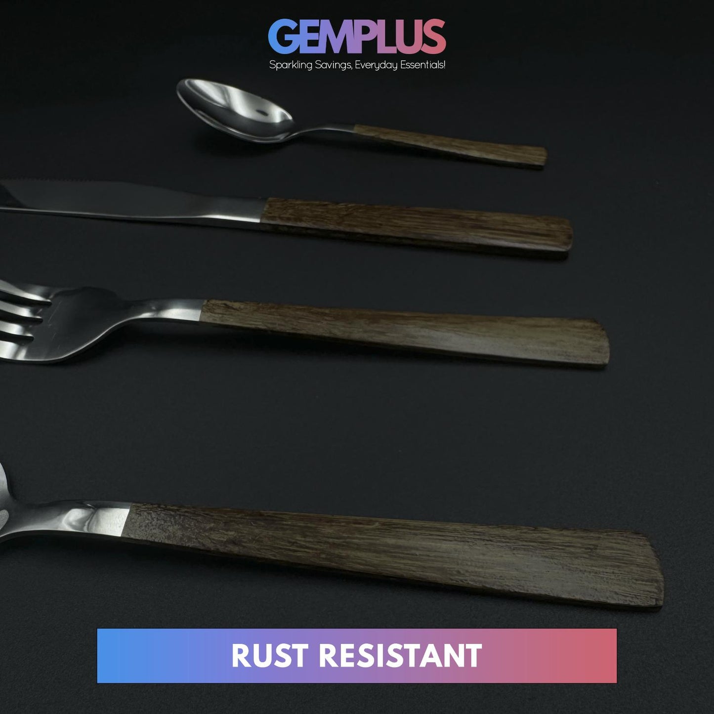 GEM+ | 24-Piece Stainless Steel Cutlery Set with Wood Texture Handle