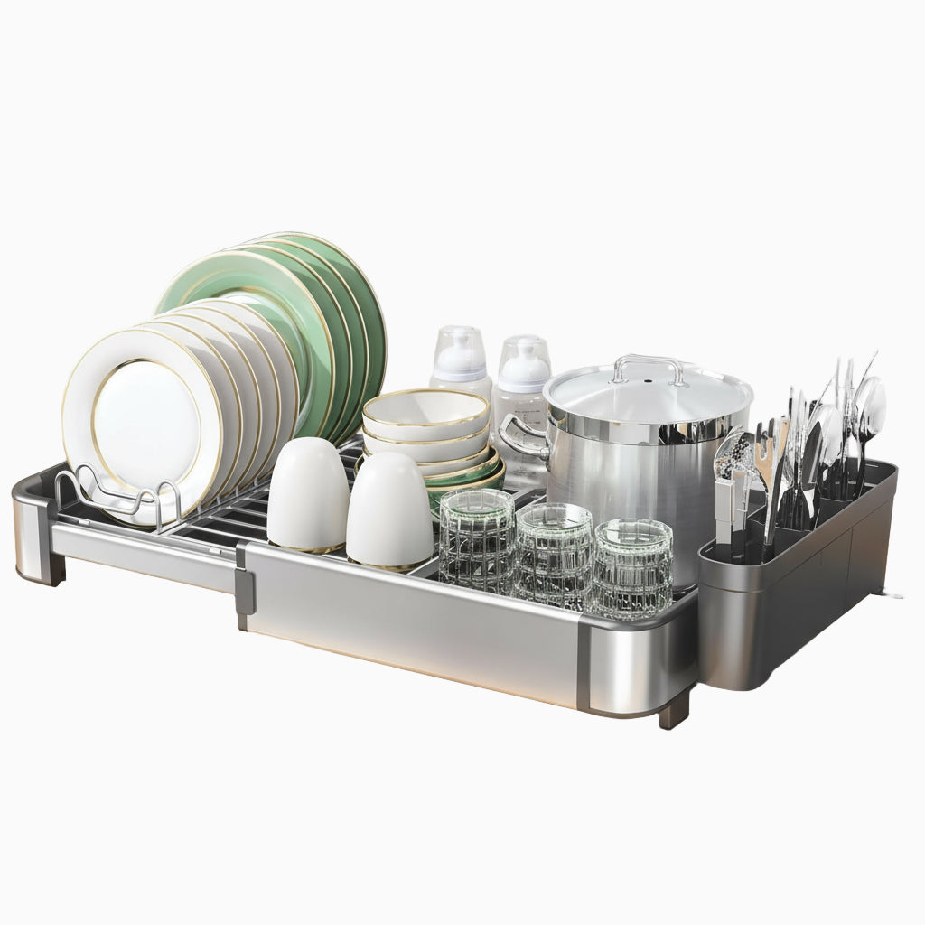 GEM+ | Expanding Dish Drying Rack with 3 Utensil Compartments - Rotatable Spout