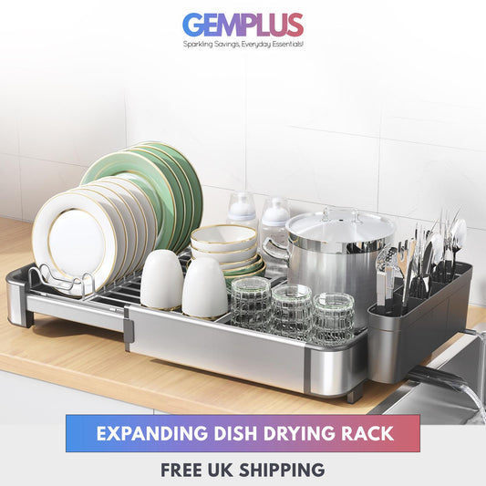 GEM+ | Expanding Dish Drying Rack with 3 Utensil Compartments - Rotatable Spout